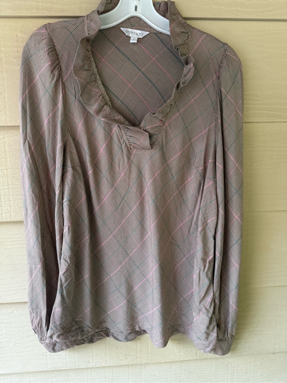 crown & ivy Taupe Plaid Ruffle V-Neck Blouse with Pink and Green Accents